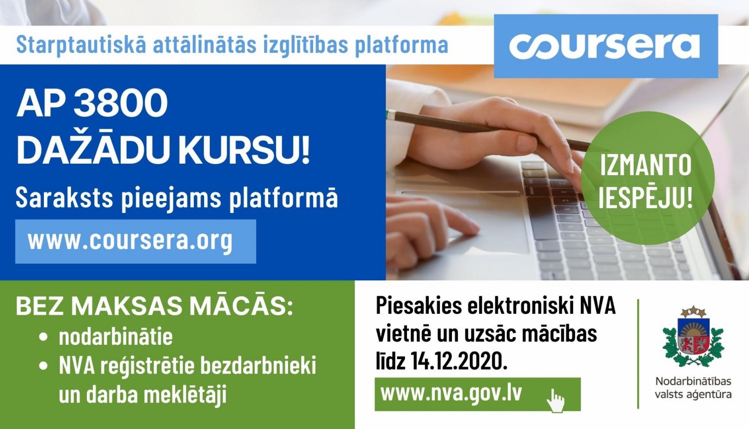 Teksts, NVA logo, klēpjdators, roka, logo Coursera