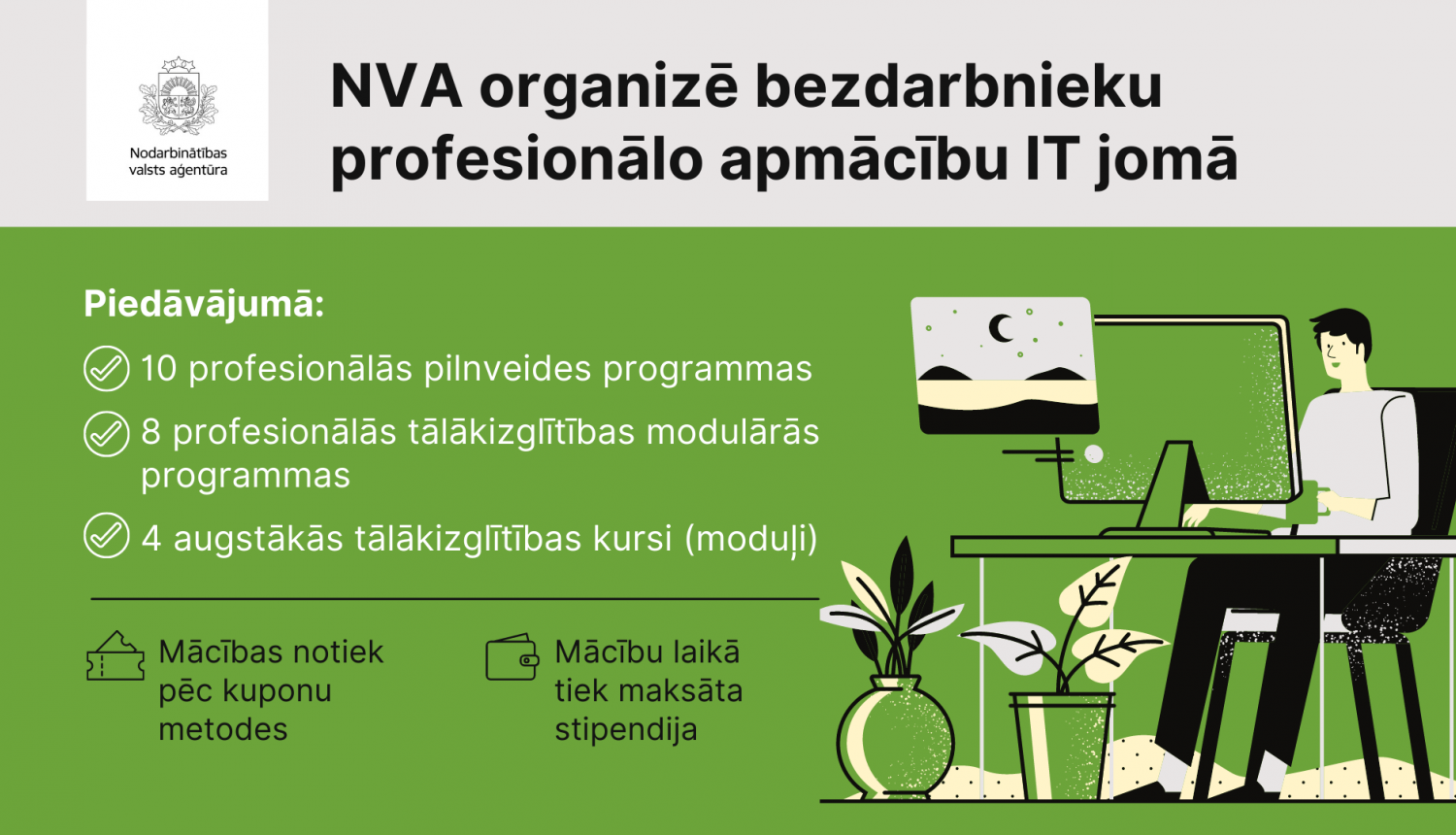 NVA logo, teksts, ilustrācijā: cilvēks pie datora