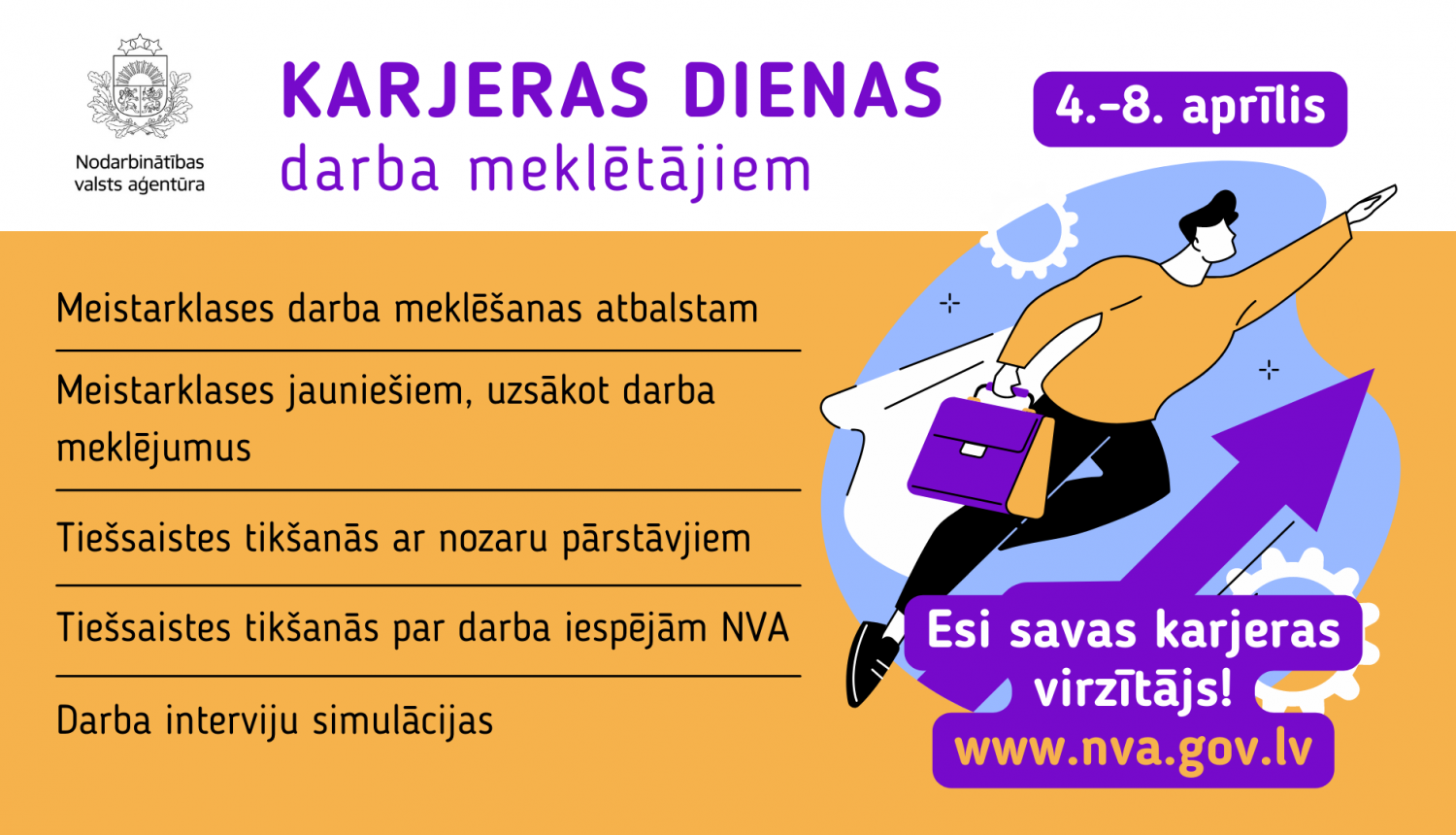 NVA logo, tektuāls saturs, zīmējums: cilvēks lido veidot karjeru