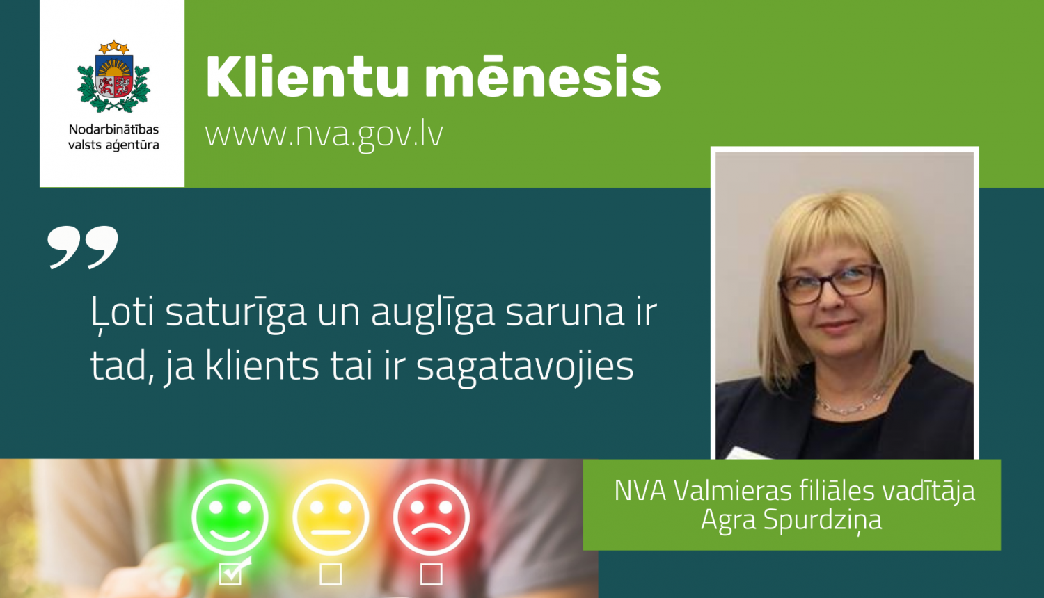 NVA logo, teksts, foto: NVA Valmieras filiāles vadītāja Agra Spurdziņa