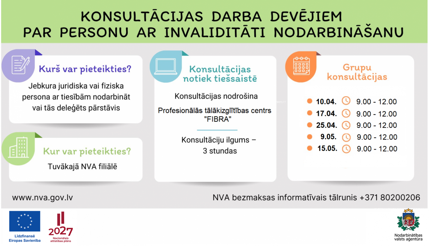 Attēls ir sadalīts divās daļās. Pirmajā daļā teksts: NVA aicina darba devējus pieteikties vajadzīgo darbinieku praktiskai apmācībai. Otrajā daļāl logo. Apraksts zem attēla.