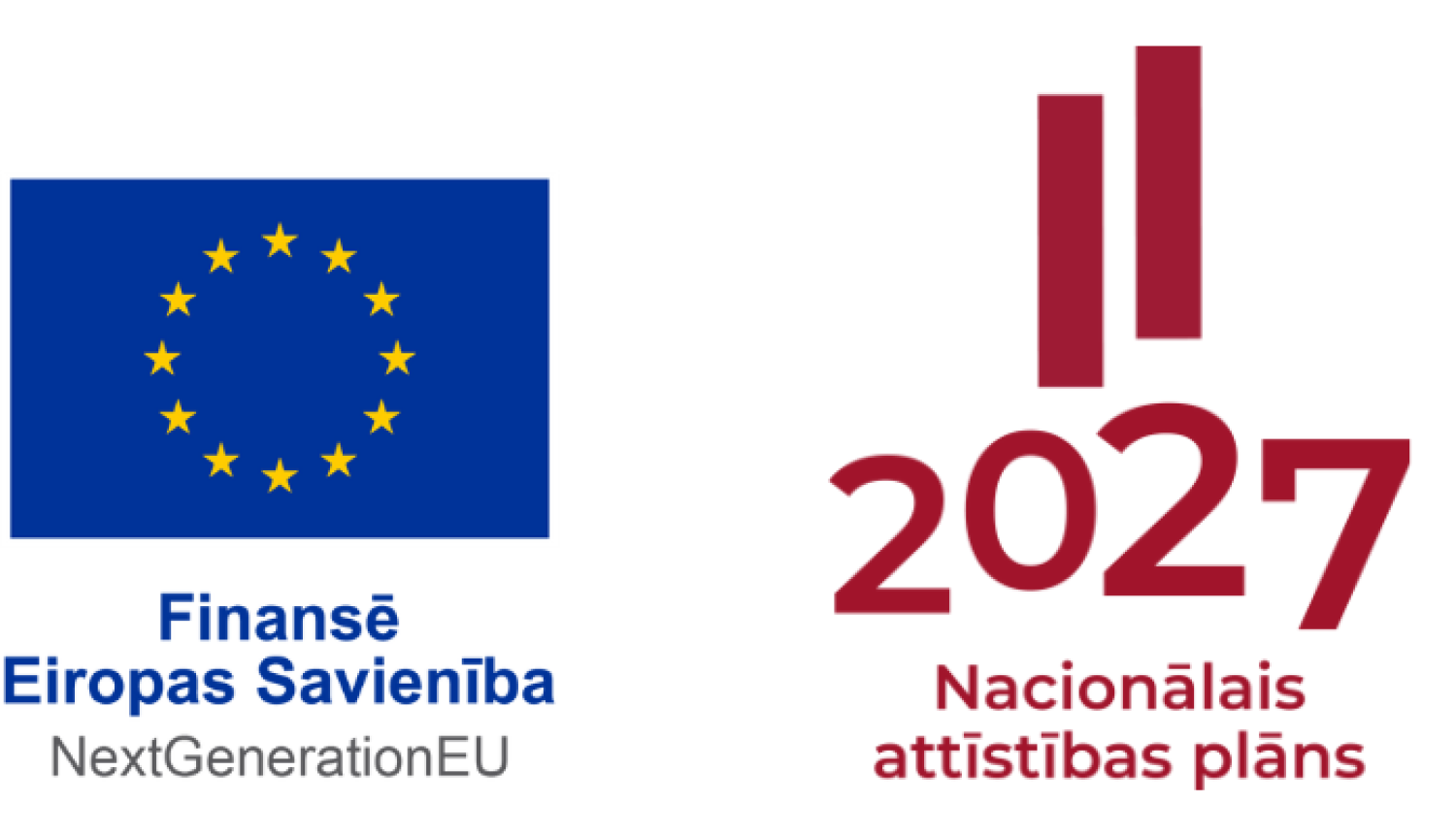Logo: Eiropas Savienibas karogs. Teksts Finansē Eiropas Savienība NextGenerationEU. Logo: Latvijas karogs Teksts: 2027 Nacionālais attīstības plāns