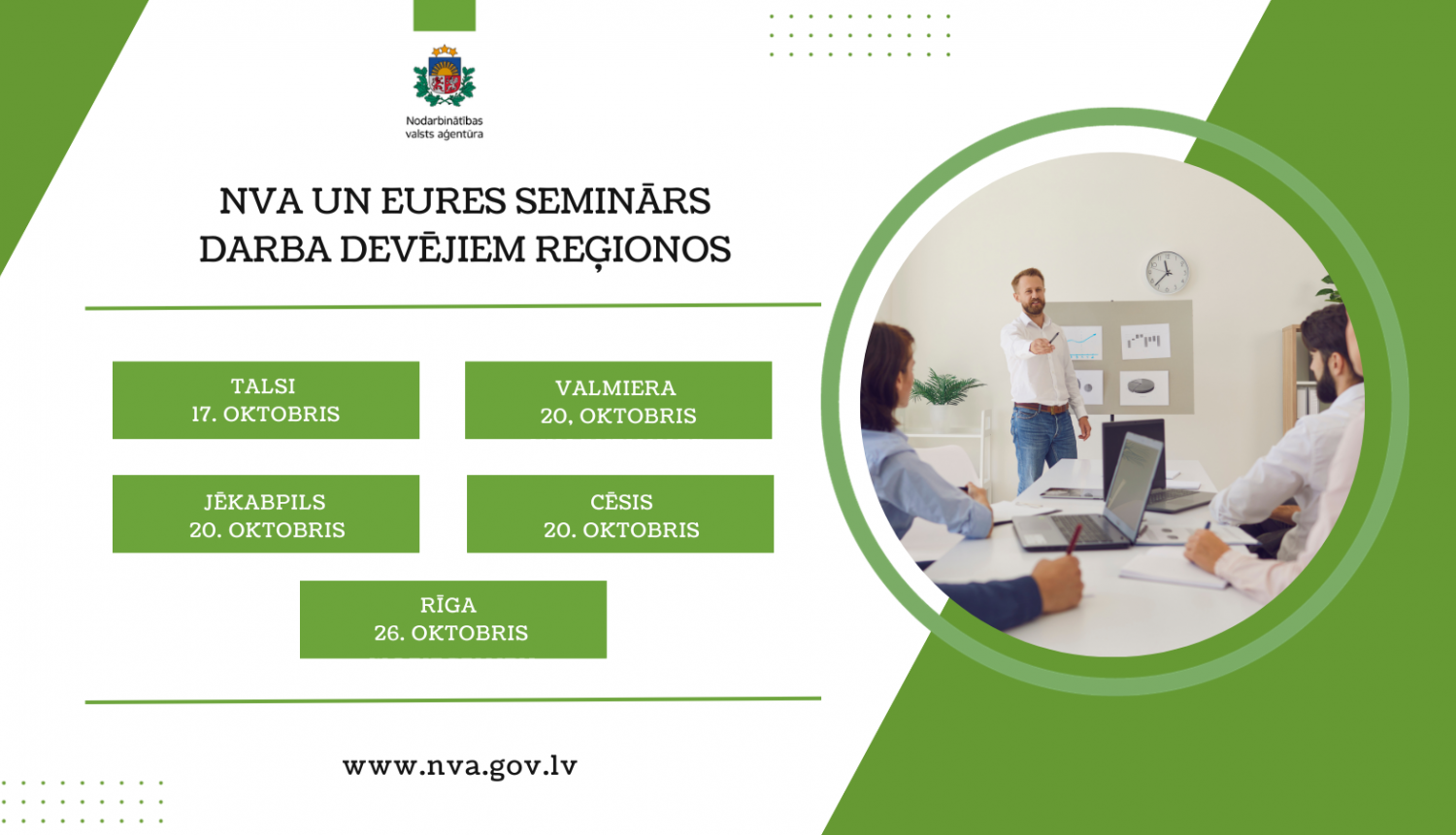Vizualizācija: Oktobrī NVA rīko piecus reģionālos seminārus  par darba devējiem pieejamo atbalstu un sadarbības iespējām